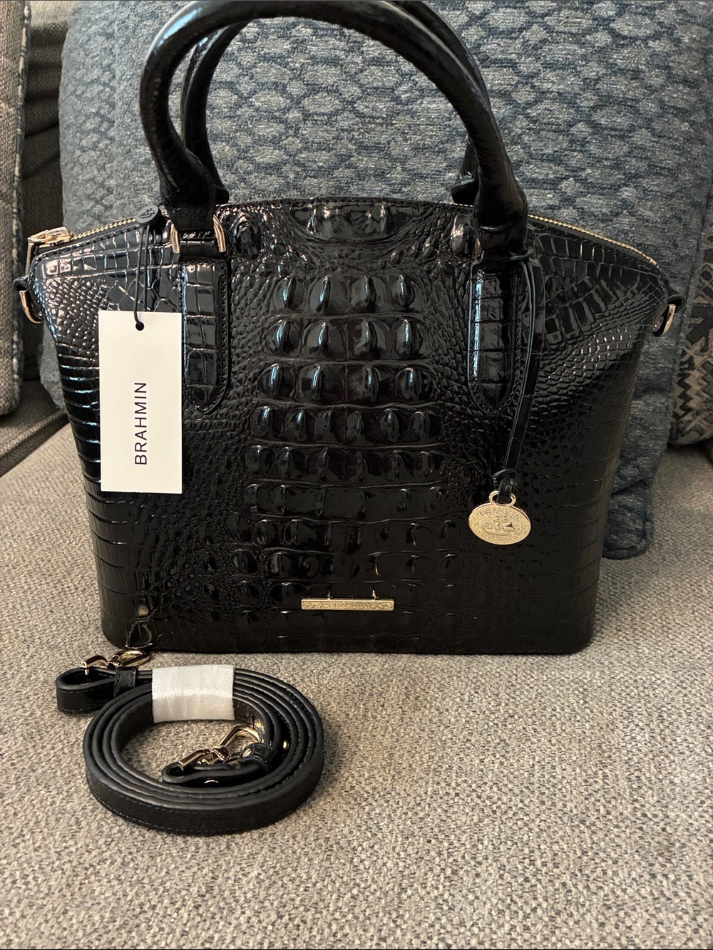 Brahmin Black Croc-Embossed Patent Leather Satchel with Gold Accents
